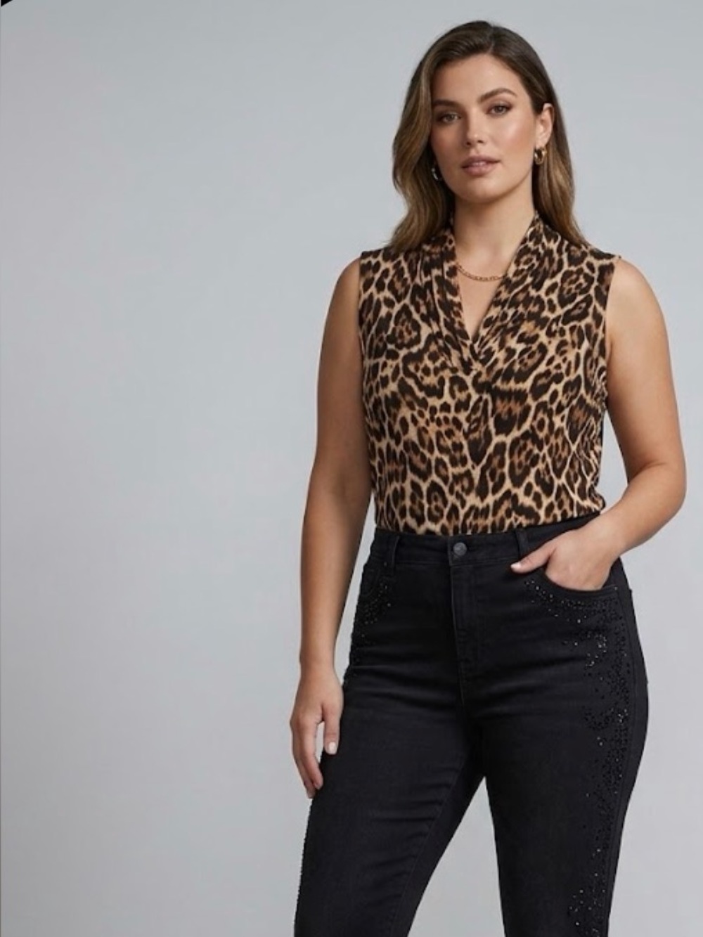 Anne Klein Leopard Print Sleeveless Blouse in Brown and Black